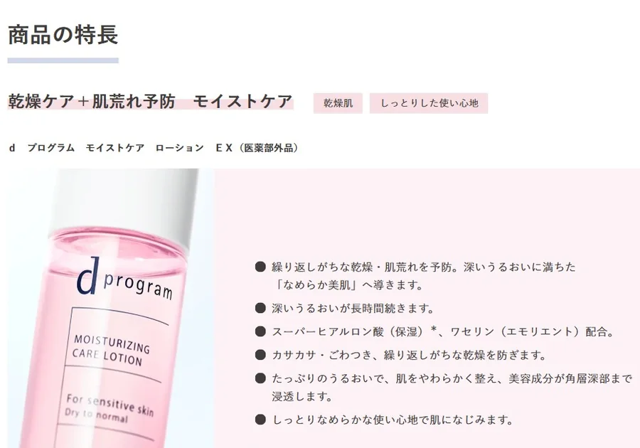 商品の特長で、乾燥ケアと肌荒れ予防の組み合わせと、成分の働きを箇条書きで説明している。