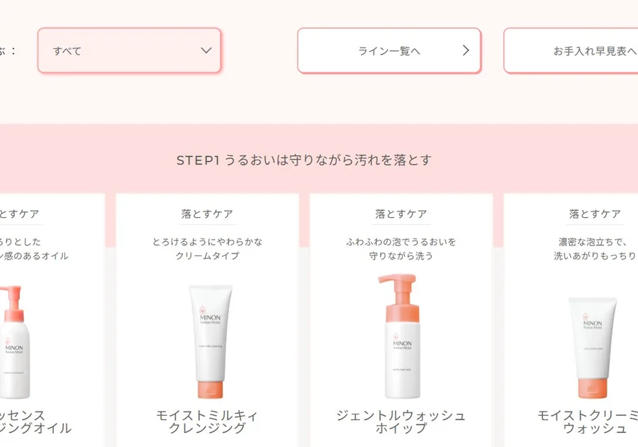 製品一覧の冒頭に、ライン一覧とお手入れ早見表への入口がある。