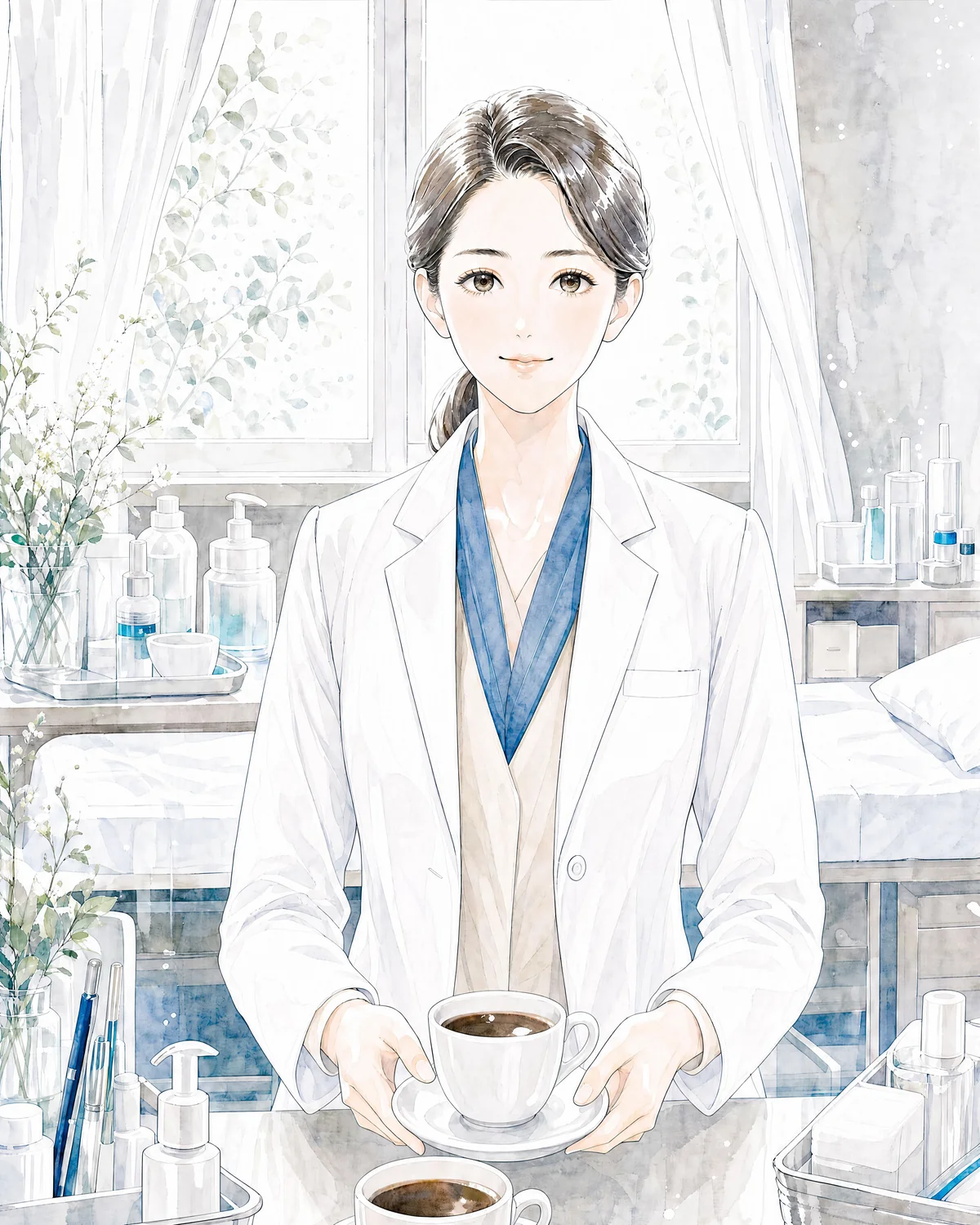 ゆらぐ肌の様々な不安に寄り添う、面倒見の良い保健室の先生 のキャラクターイラスト
