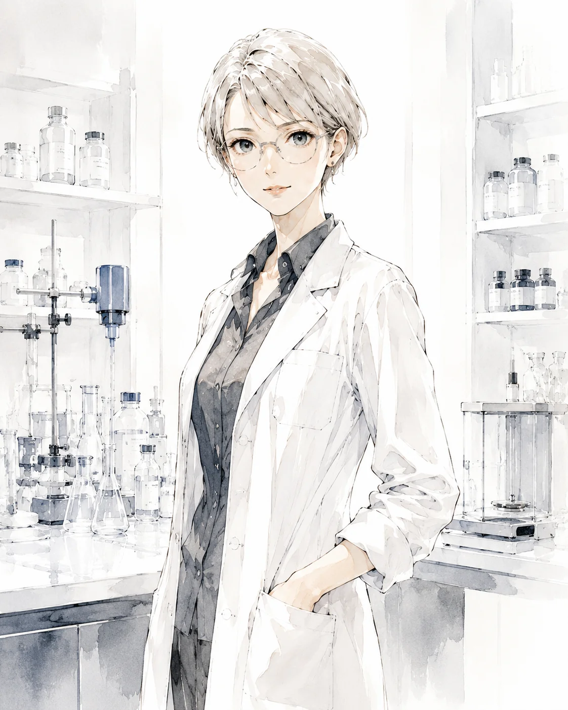 “効果”を量り、本当の価値を問う——理性の内に情熱を秘めた化学者 のキャラクターイラスト