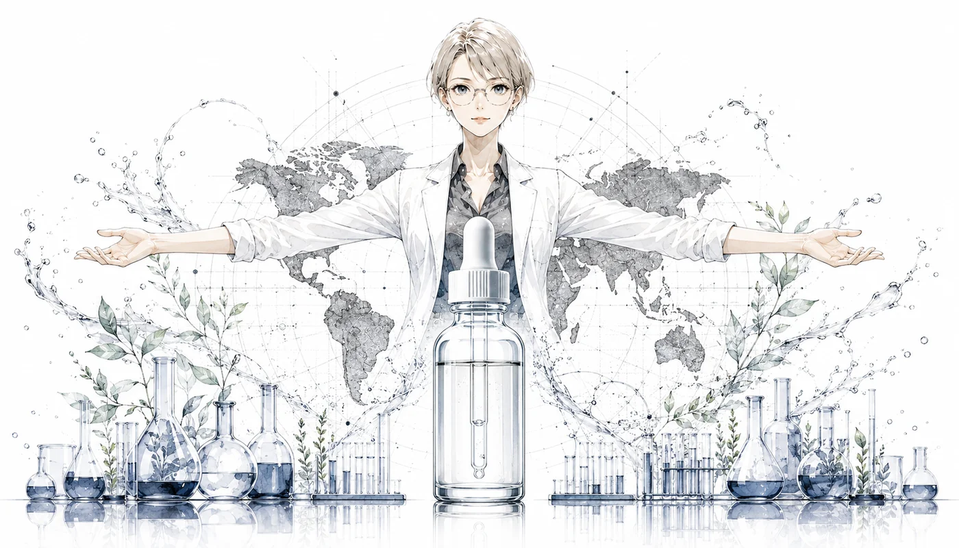 ナイアシンアミド 10% + 亜鉛 1% のシグネチャー・アート(キャラと商品の融合・オリジナル様式化)